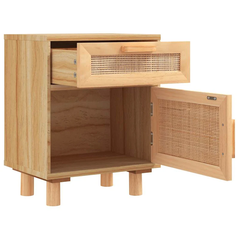 Lot de 2 tables de chevet avec tiroir et compartiment avec porte 40 x 30 x 50 cm en bois pin massif et rotin naturel DEC035440
