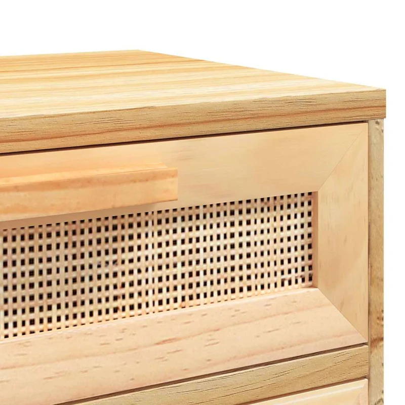 Lot de 2 tables de chevet avec tiroir et compartiment avec porte 40 x 30 x 50 cm en bois pin massif et rotin naturel DEC035440