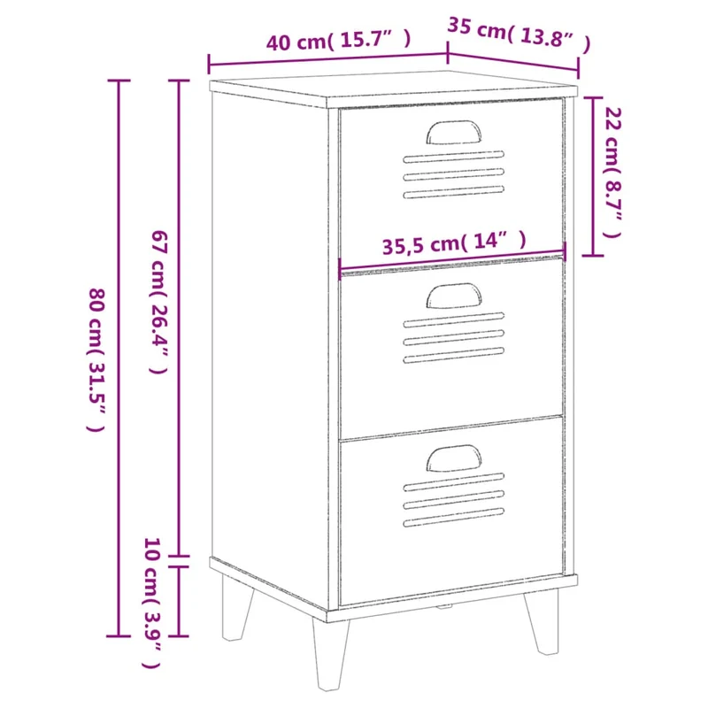 Table de chevet avec 3 tiroir 40 x 35 x 80 cm en bois d'ingénierie blanc DEC034727