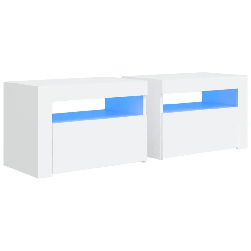 Lot de 2 tables de chevet lumière LED avec compartiment avec porte 60 x 35 x 40 cm bois d'ingénierie blanc DEC034835