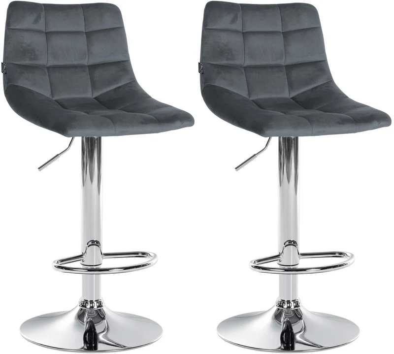 Lot de 2 tabourets de bar en velours gris foncé base métal chromé réglable en hauteur et repose-pieds TDB10632