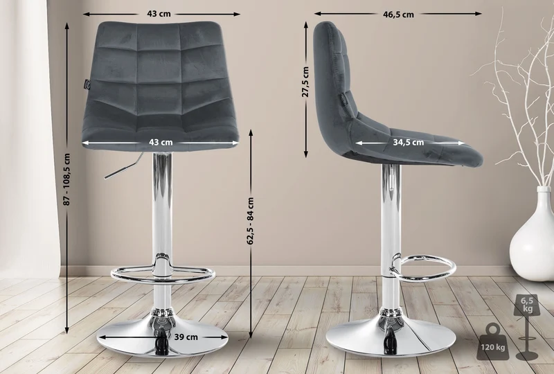 Lot de 2 tabourets de bar en velours gris foncé base métal chromé réglable en hauteur et repose-pieds TDB10632