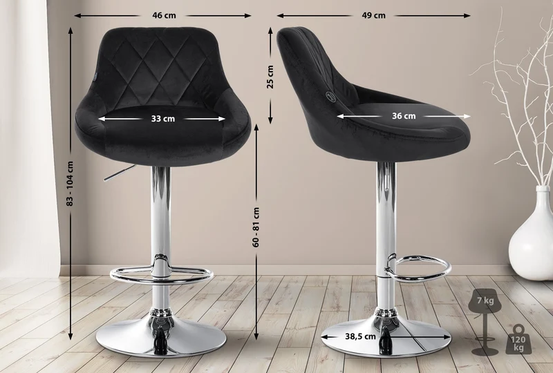 Set de 2 tabourets de bar coutures décoratives losanges assise en velour noir et cadre en métal chromé TDB10773
