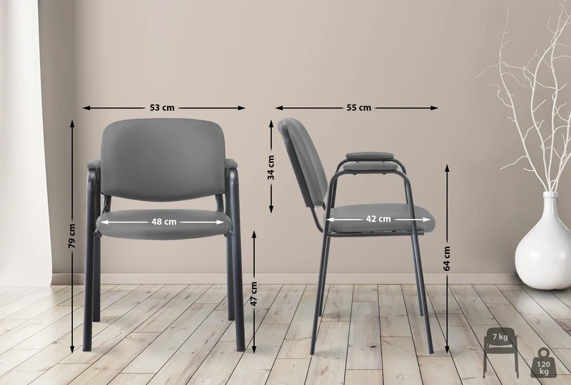 Chaise visiteur avec accoudoirs intégrés zone d'attente en PVC gris piètement à 4 pieds en métal noir 10_0003377