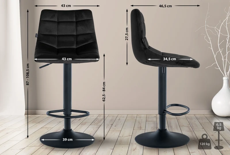 Lot de 2 tabourets de bar en velours noir base métal noir réglable en hauteur et repose-pieds TDB10628