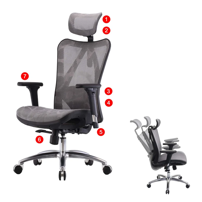 Fauteuil de bureau siège et dossier de forme ergonomique siège pivotant et réglable revêtement en maille gris 04_0006217