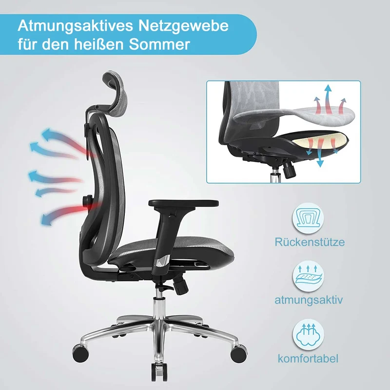 Fauteuil de bureau siège et dossier de forme ergonomique siège pivotant et réglable revêtement en maille gris 04_0006217