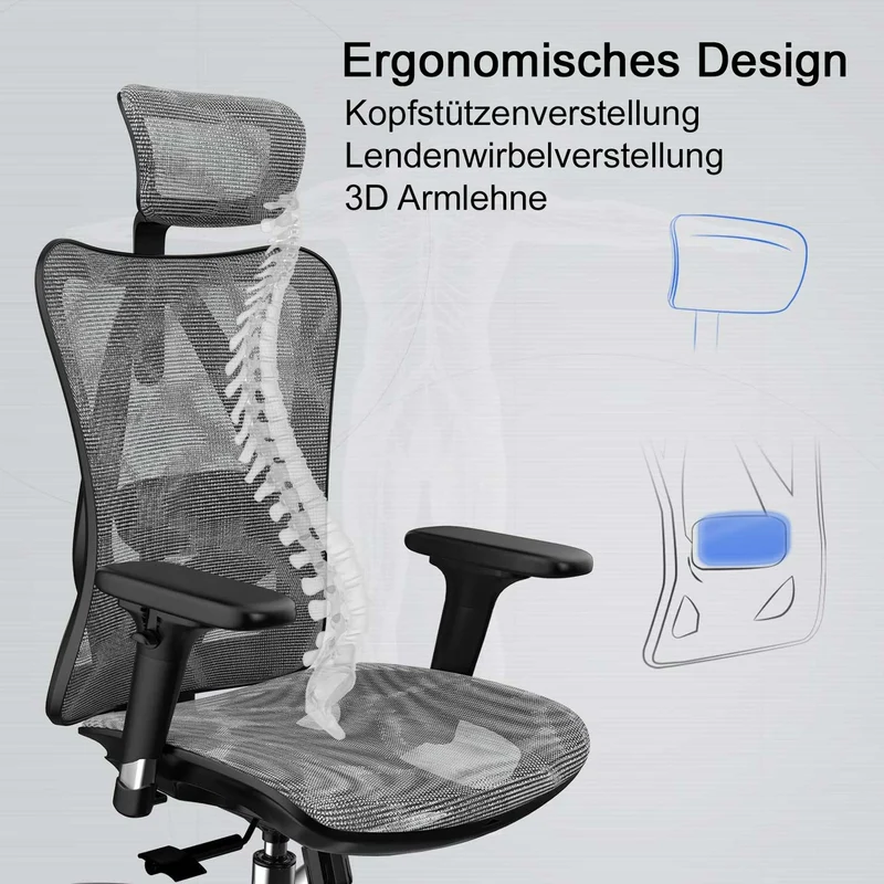 Fauteuil de bureau siège et dossier de forme ergonomique siège pivotant et réglable revêtement en maille gris 04_0006217