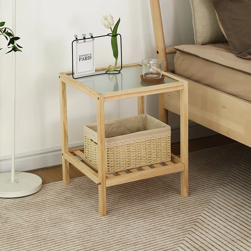 Traditional Japanese Square Pine Wood Glass End Table 2-Tier For Living Room