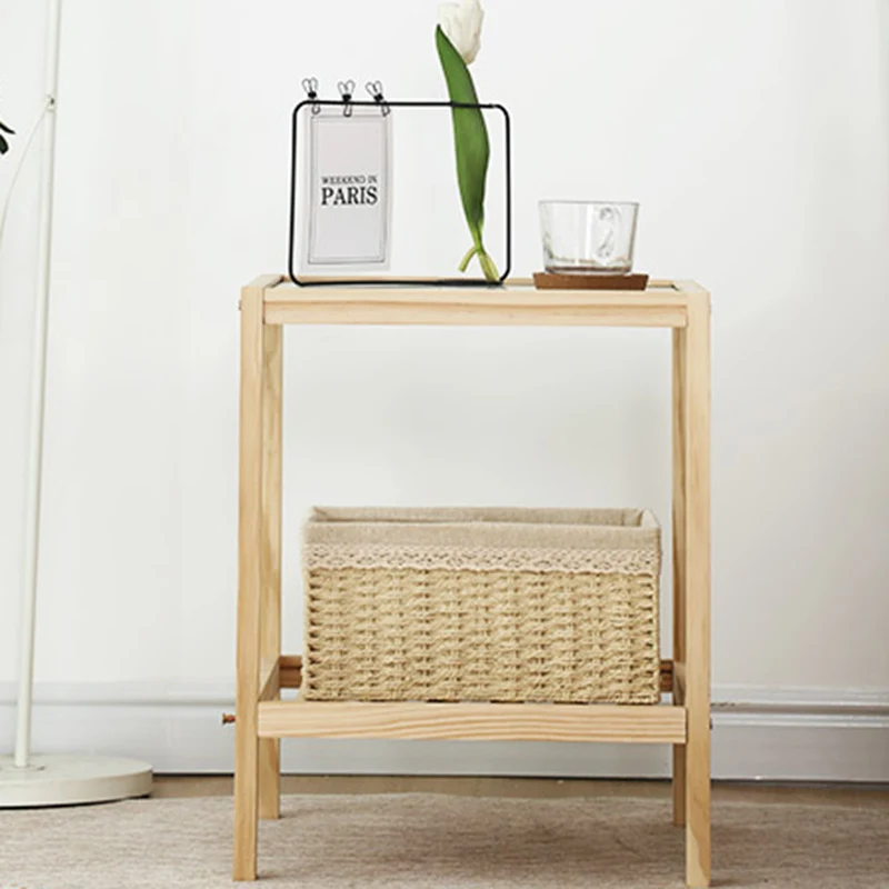 Traditional Japanese Square Pine Wood Glass End Table 2-Tier For Living Room
