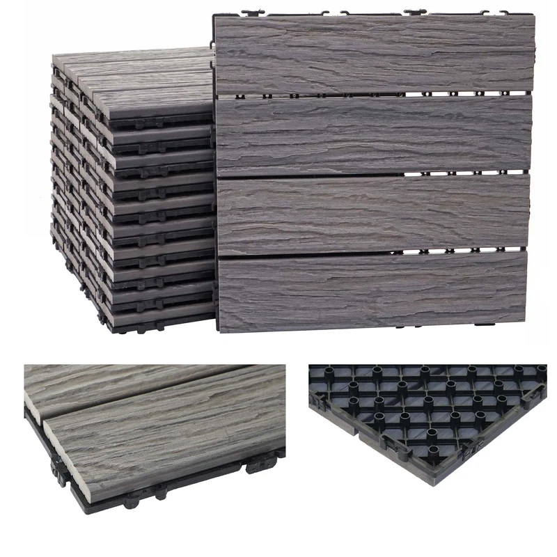 Dalles de terrasse x11 aspect bois en WPC 30x30cm clipsable 1m² balcon jardin extérieur marron vieilli 04_0005427