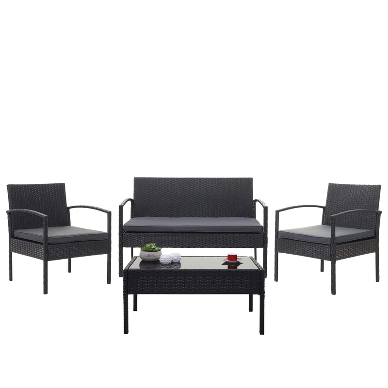 Salon de jardin en polyrotin noir pour balcon jardin terrasse jardin coussins gris foncé 04_0004214