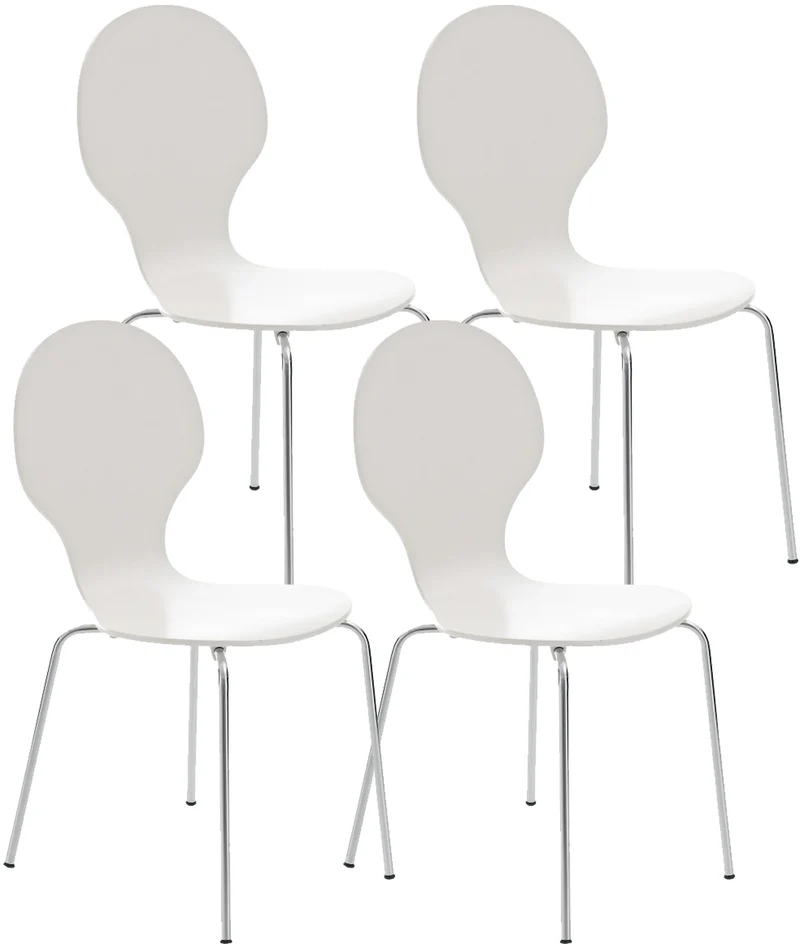 Lot de 4 chaises de cuisine salle à manger empilables dossier arrondi en bois blanc et métal chromé 10_0003175
