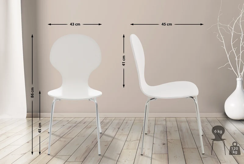Lot de 4 chaises de cuisine salle à manger empilables dossier arrondi en bois blanc et métal chromé 10_0003175
