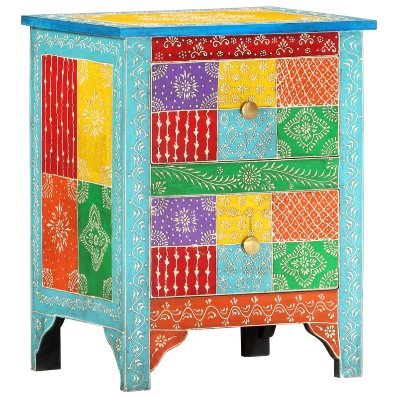Table de chevet peinte à la main avec deux tiroirs 40 x 30 x 50 cm bois de manguier multicolore DEC034544