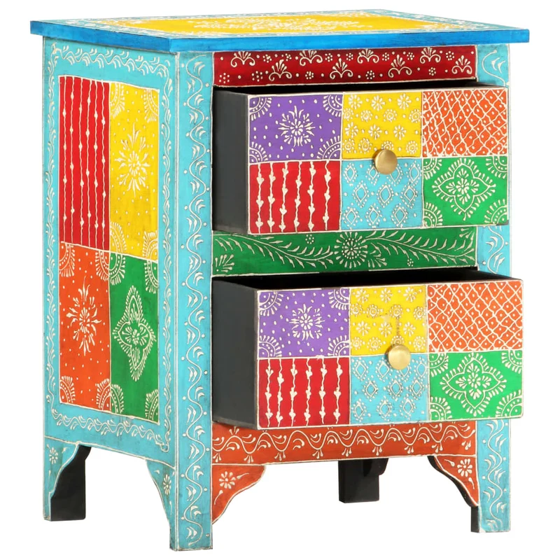 Table de chevet peinte à la main avec deux tiroirs 40 x 30 x 50 cm bois de manguier multicolore DEC034544