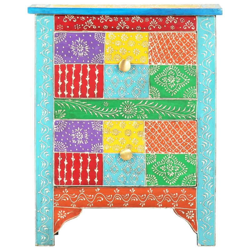 Table de chevet peinte à la main avec deux tiroirs 40 x 30 x 50 cm bois de manguier multicolore DEC034544