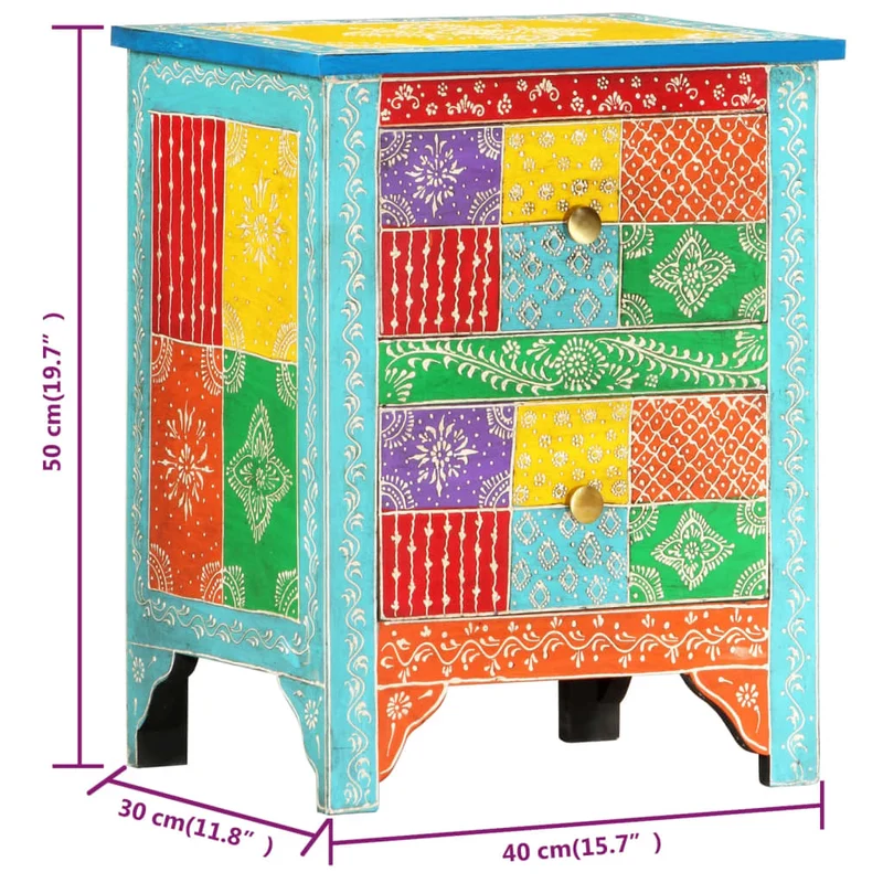 Table de chevet peinte à la main avec deux tiroirs 40 x 30 x 50 cm bois de manguier multicolore DEC034544