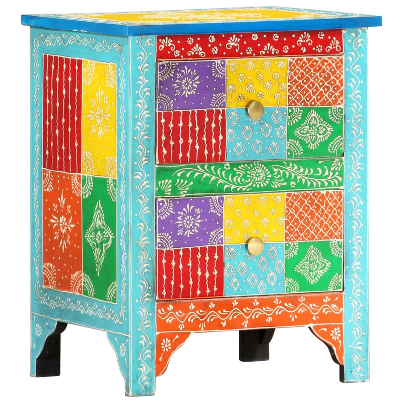 Table de chevet peinte à la main avec deux tiroirs 40 x 30 x 50 cm bois de manguier multicolore DEC034544