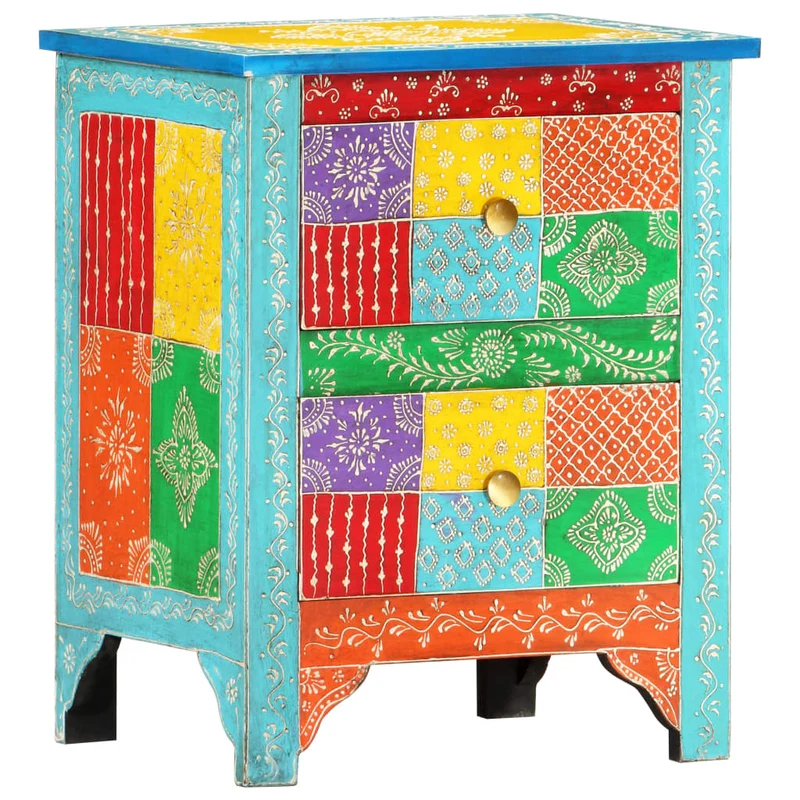 Table de chevet peinte à la main avec deux tiroirs 40 x 30 x 50 cm bois de manguier multicolore DEC034544