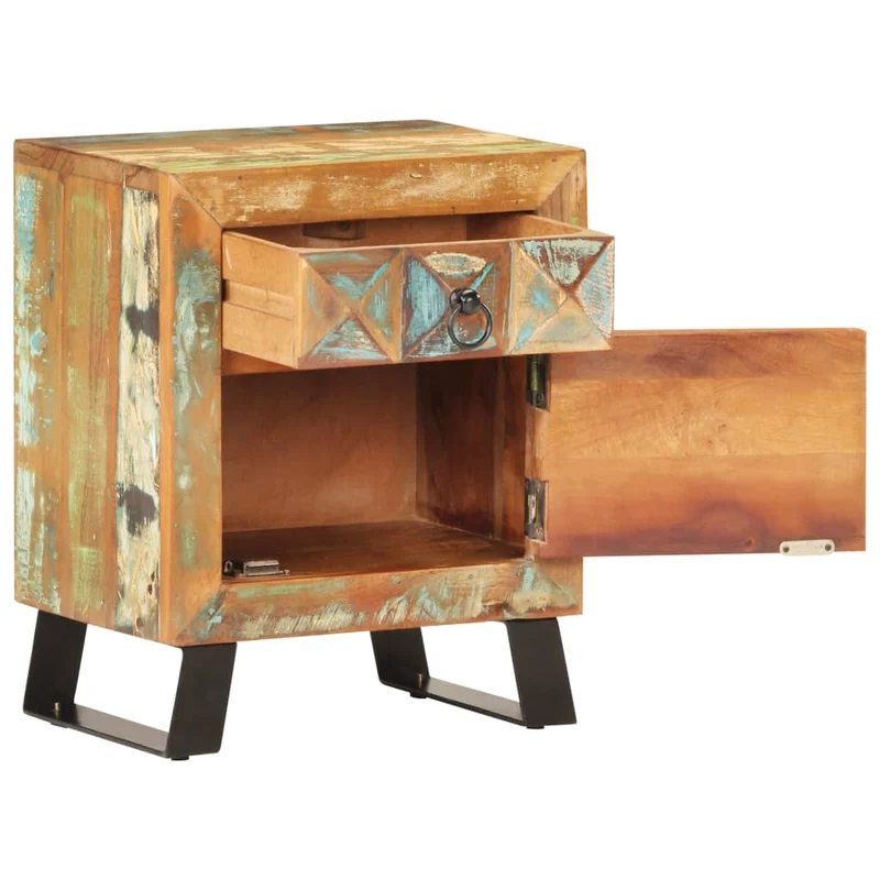Table de chevet avec tiroir et compartiment avec porte 40 x 30 x 50 cm bois de récupération coloré DEC032909