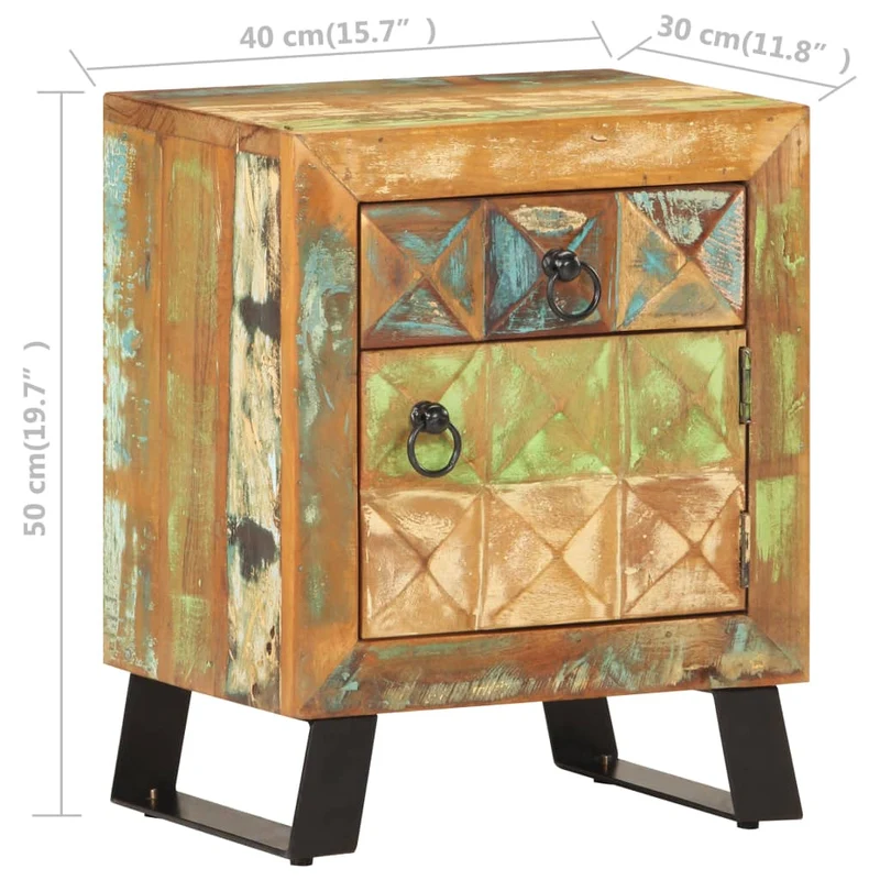 Table de chevet avec tiroir et compartiment avec porte 40 x 30 x 50 cm bois de récupération coloré DEC032909