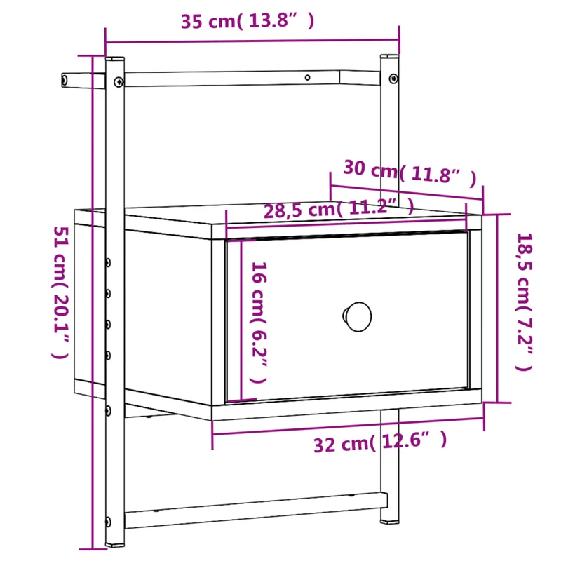 Table de chevet avec tiroir 35 x 30 x 51 cm bois d'ingénierie gris et métal DEC034326