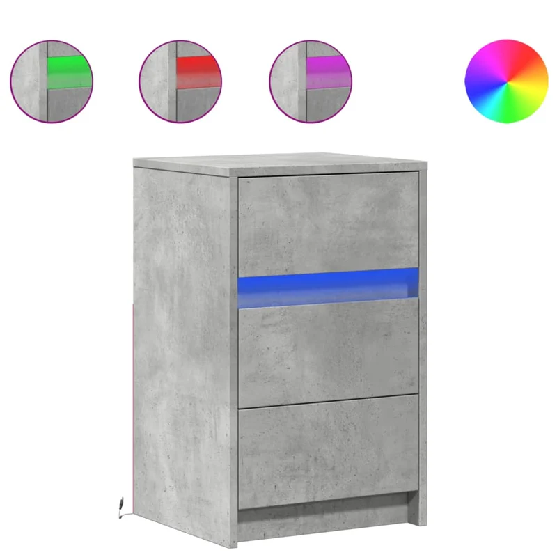 Table de chevet avec lumières LED 38 x 34 x 61 cm avec tiroirs et bois d'ingénierie gris DEC032805