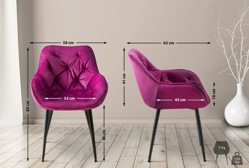 Chaise de salle à manger x1 design et moderne assise en velours violet et pieds en métal noir 10_0001494