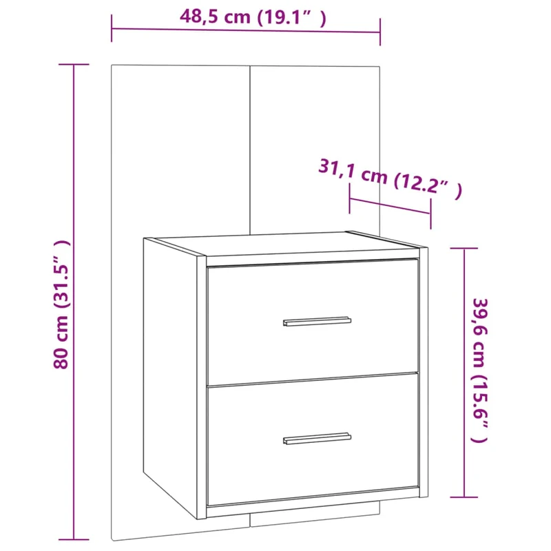 Table de chevet murale avec deux tiroirs 48,5 x 32,5 x 80 cm en bois d'ingénierie gris DEC034294