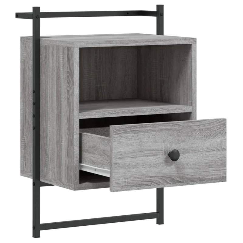 Table de chevet murale avec tiroir avec compartiment 40 x 30 x 61cm bois d'ingénierie gris et métal DEC034329