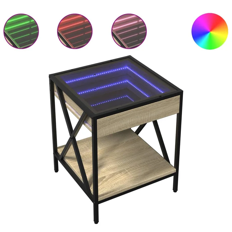 Table de chevet avec miroir à LED et étagère 40 x 40 x 49 cm bois d'ingénierie verre et acier DEC033145