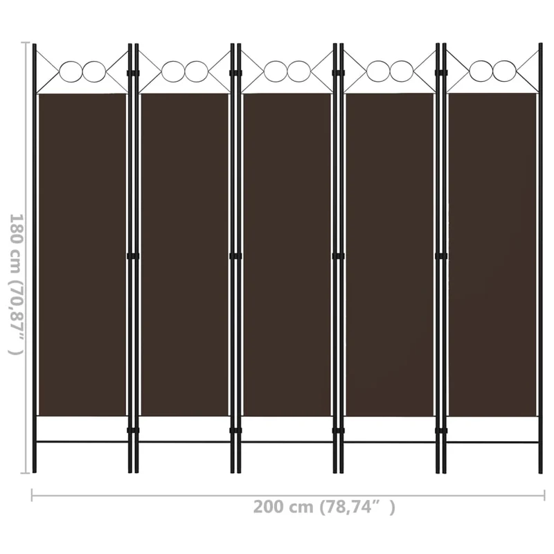 Paravent séparateur de pièce cloison 5 panneaux 200 x 180 cm en tissu marron et fer DEC030978