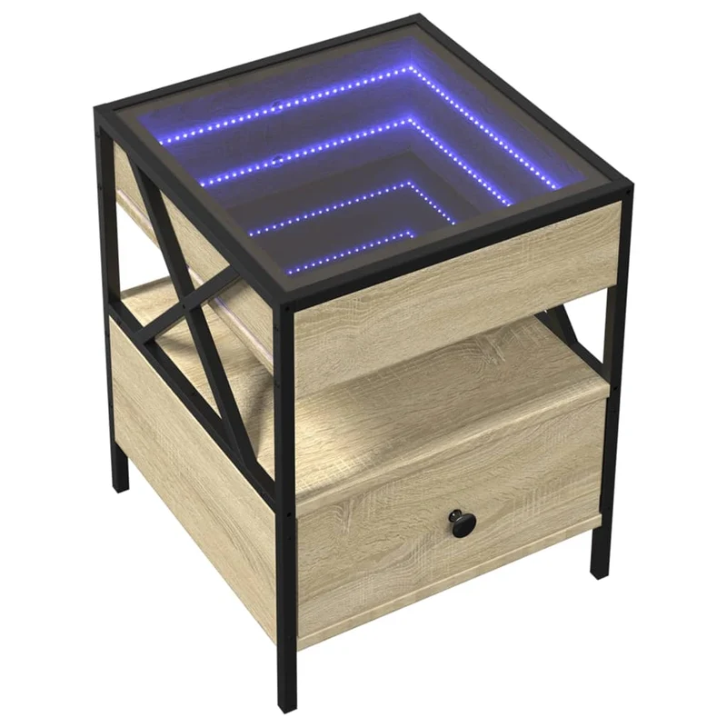 Table de chevet avec tiroir et miroir à LED 40 x 40 x 51 cm cadre en métal verre et bois d'ingénierie couleur chêne DEC033148