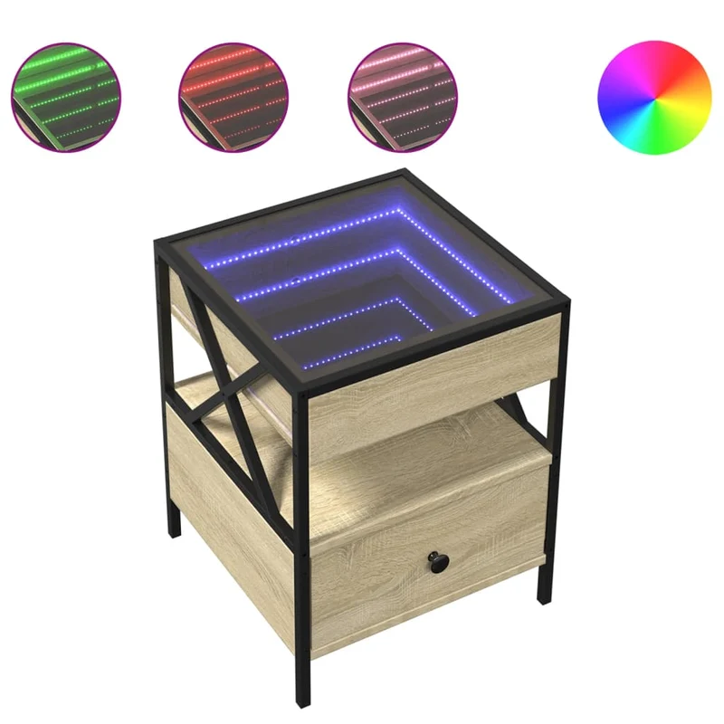 Table de chevet avec tiroir et miroir à LED 40 x 40 x 51 cm cadre en métal verre et bois d'ingénierie couleur chêne DEC033148