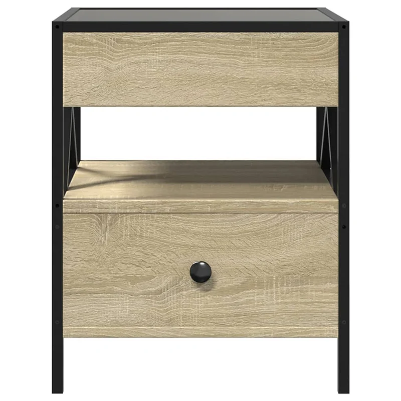 Table de chevet avec tiroir et miroir à LED 40 x 40 x 51 cm cadre en métal verre et bois d'ingénierie couleur chêne DEC033148