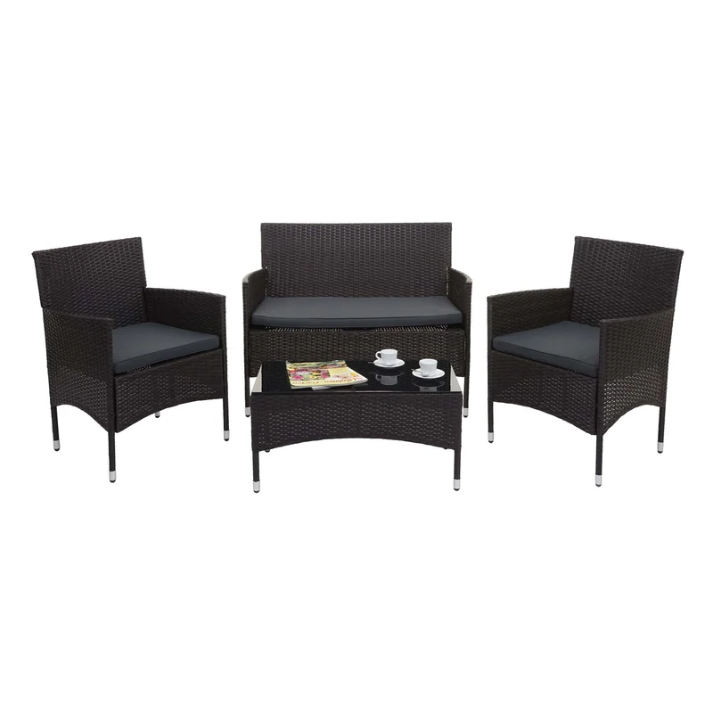 Salon de jardin en polyrotin pour jardin balcon terrasse canapé banc table fauteuils marron coussins gris foncé 04_0003245
