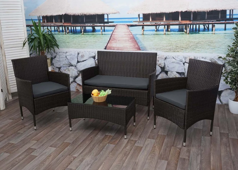 Salon de jardin en polyrotin pour jardin balcon terrasse canapé banc table fauteuils marron coussins gris foncé 04_0003245