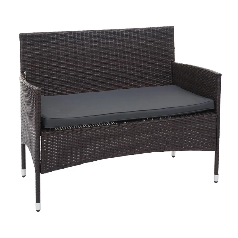 Salon de jardin en polyrotin pour jardin balcon terrasse canapé banc table fauteuils marron coussins gris foncé 04_0003245