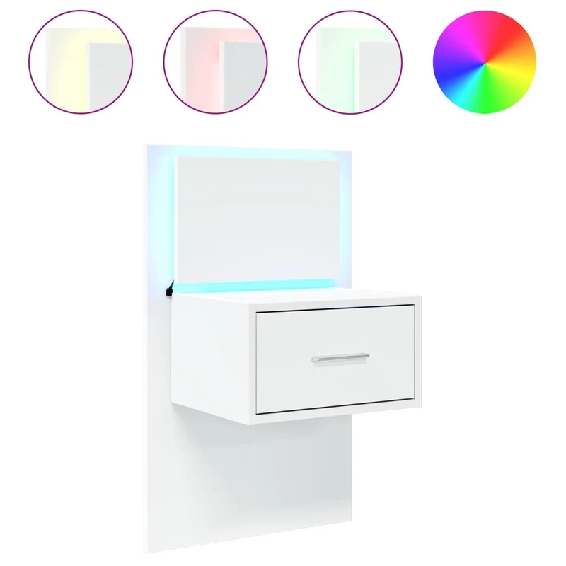 Table de chevet murale avec lumières LED avec tiroir 48,5 x 32,5 x 80 cm en bois d'ingénierie blanc DEC034162