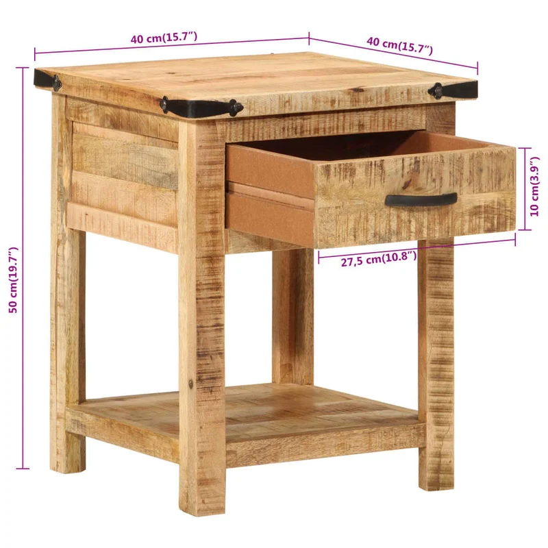 Table de chevet avec tiroir et étagère 40 x 40 x 50 cm bois de manguier massif DEC033011