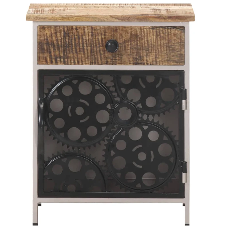 Table de chevet avec porte design roue à chaîne de vélo et tiroir 40 x 30 x 50 cm bois de manguier et fer DEC032929
