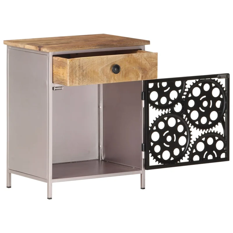 Table de chevet avec porte design roue à chaîne de vélo et tiroir 40 x 30 x 50 cm bois de manguier et fer DEC032929