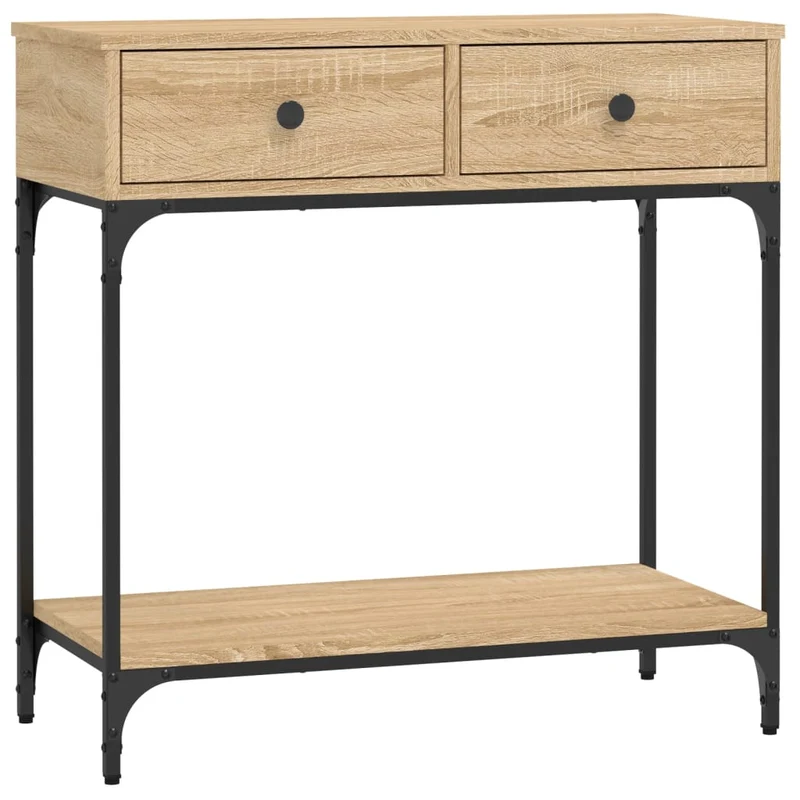 Table console avec deux tiroirs 75 x 34,5 x 75 cm bois d'ingénierie couleur chêne et métal DEC031955