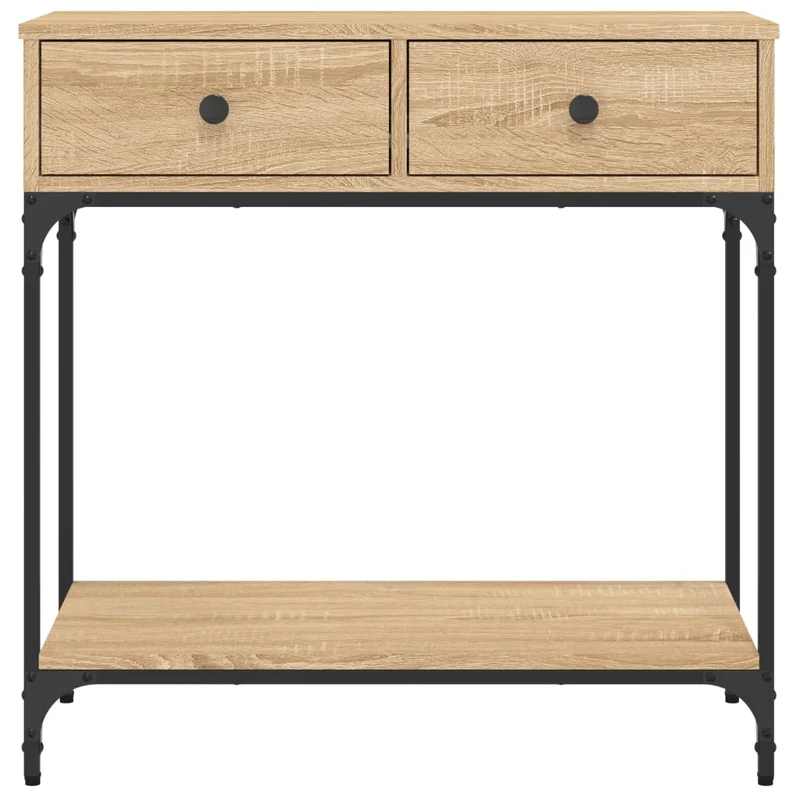 Table console avec deux tiroirs 75 x 34,5 x 75 cm bois d'ingénierie couleur chêne et métal DEC031955