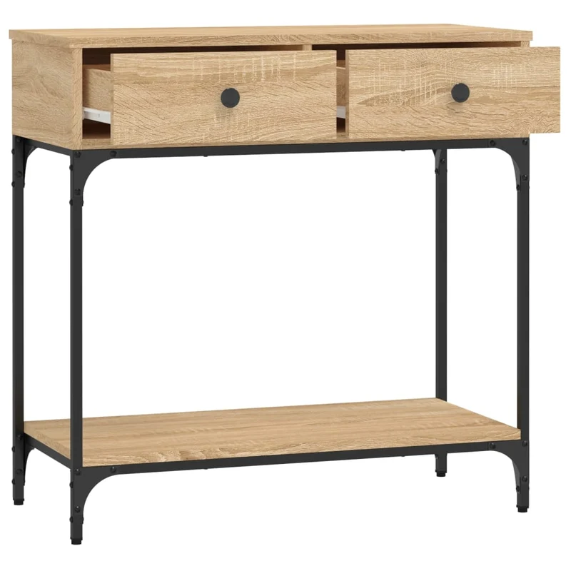 Table console avec deux tiroirs 75 x 34,5 x 75 cm bois d'ingénierie couleur chêne et métal DEC031955