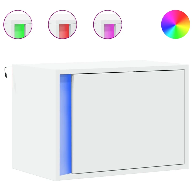 Table de chevet murale avec lumières LED et compartiment de rangement avec porte en bois d'ingénierie blanc DEC034167