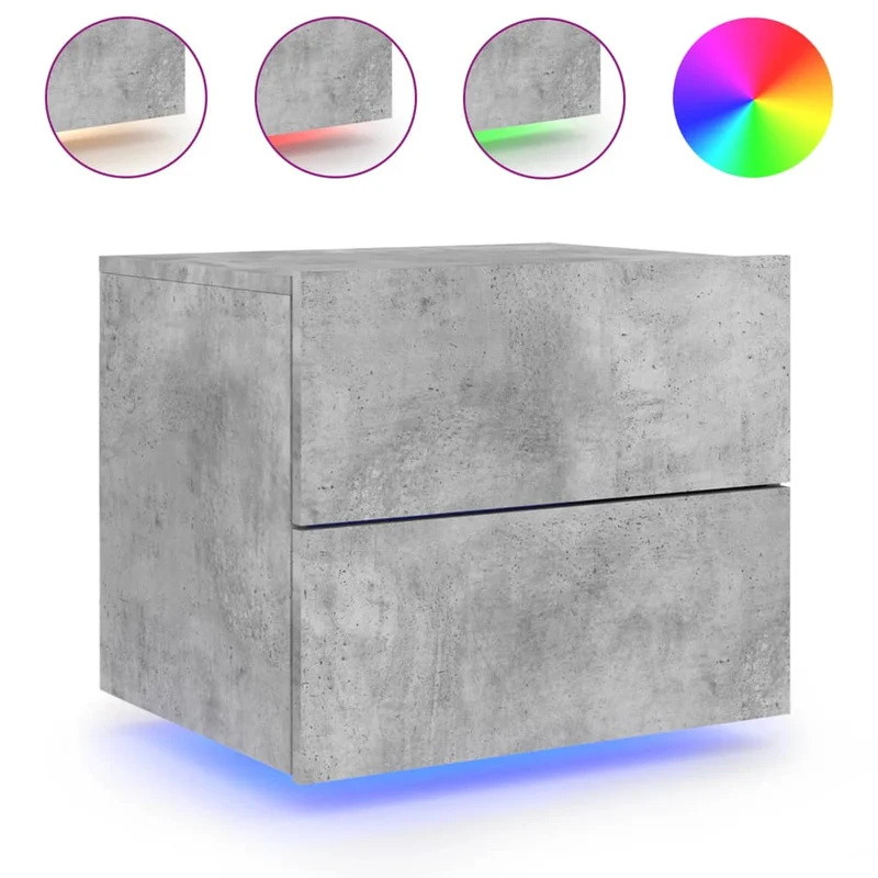 Table de chevet murale avec lumières LED et 2 tiroirs 50 x 39 x 41 cm en bois d'ingénierie gris DEC034198