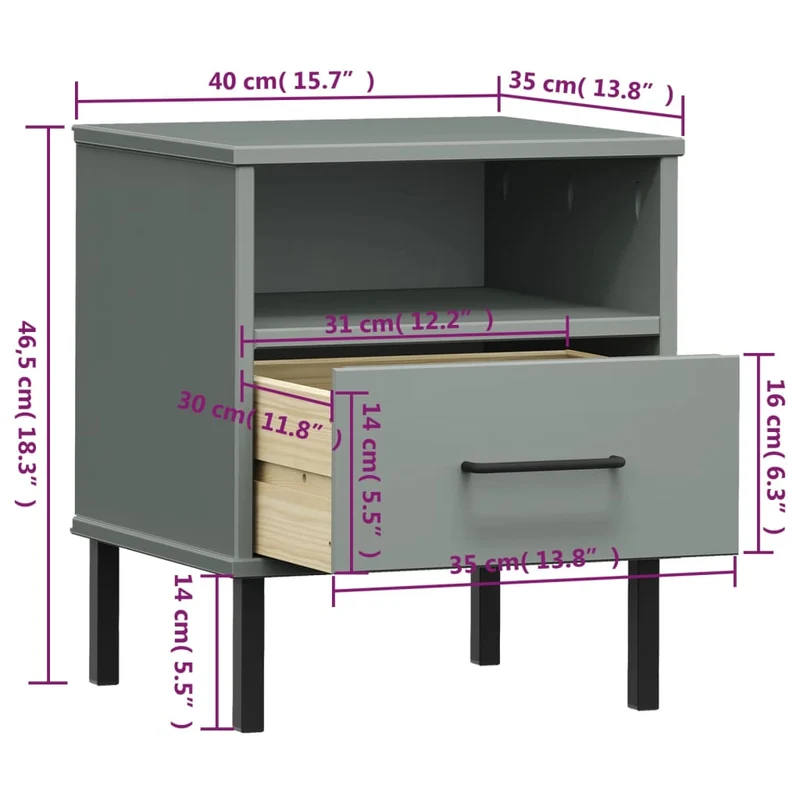 Table de chevet avec pieds en métal et tiroir et étagère 40 x 35 x 46,5 cm en bois pin massif gris DEC033245