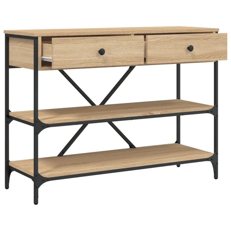 Table console avec tiroirs et étagères 100 x 34,5 x 75 cm en bois d'ingénierie couleur chêne et acier DEC031635